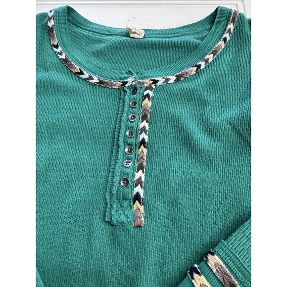 We the Free People XS Green Thermal Top Embroidered Long Sleeve Henley Shirt - Picture 2 of 7